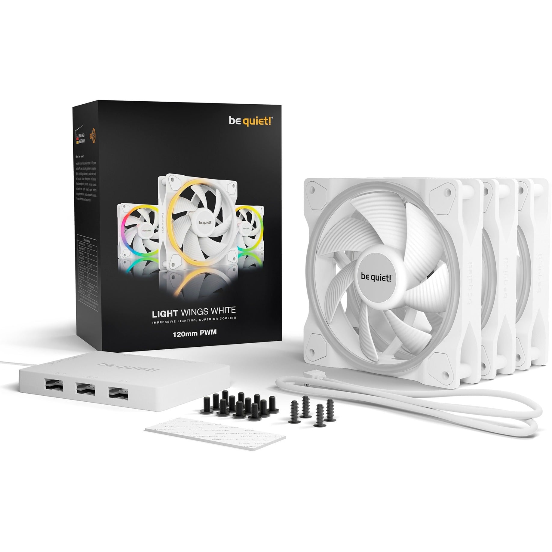 Be Quiet  Light Wings White 120mm Pwm Triple Pack  Case Fan  White  Pack Of    Incl  Argb Hub